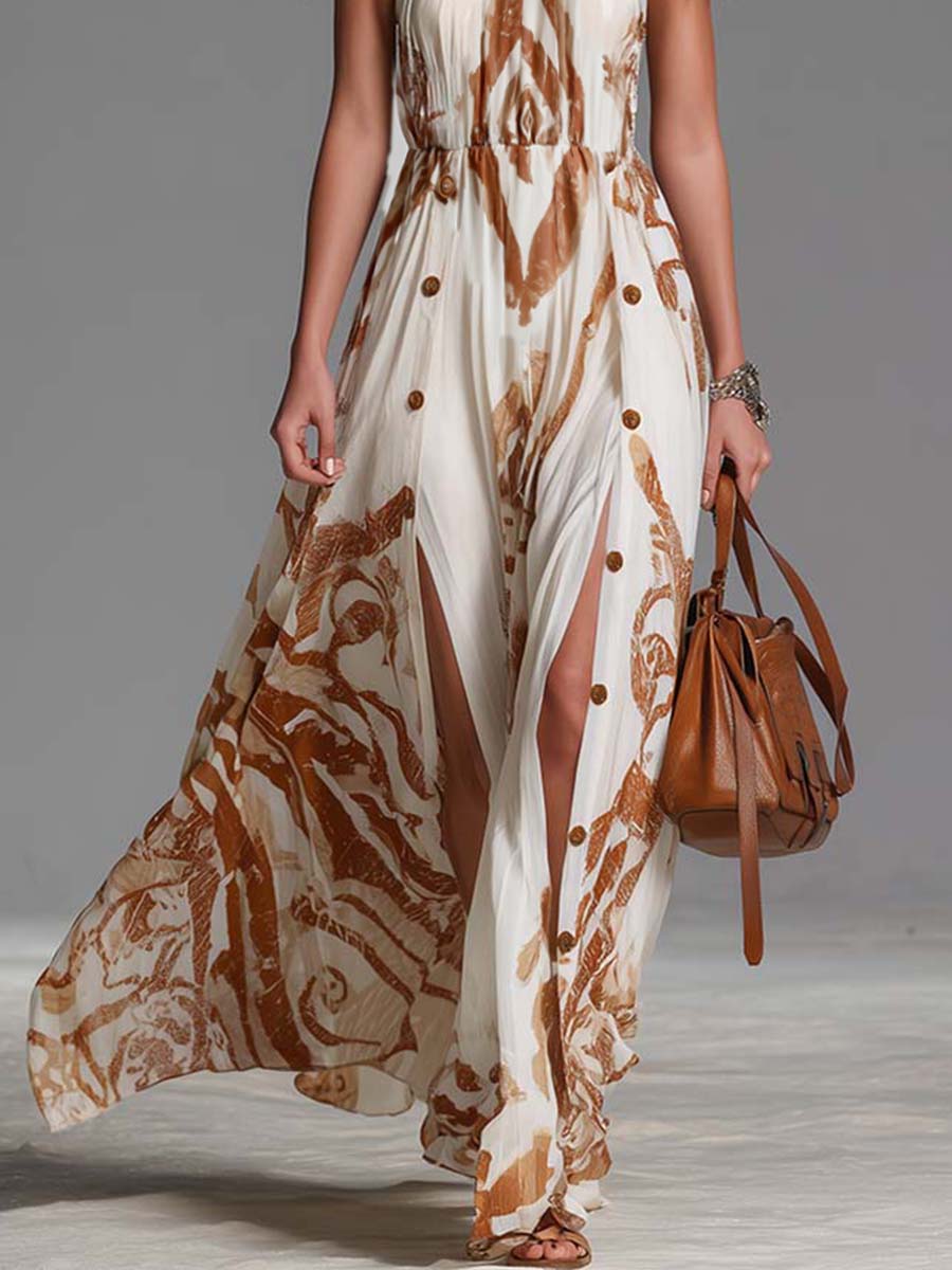Abstract Print Halter Neck Button Side Split Flowy Maxi Dress