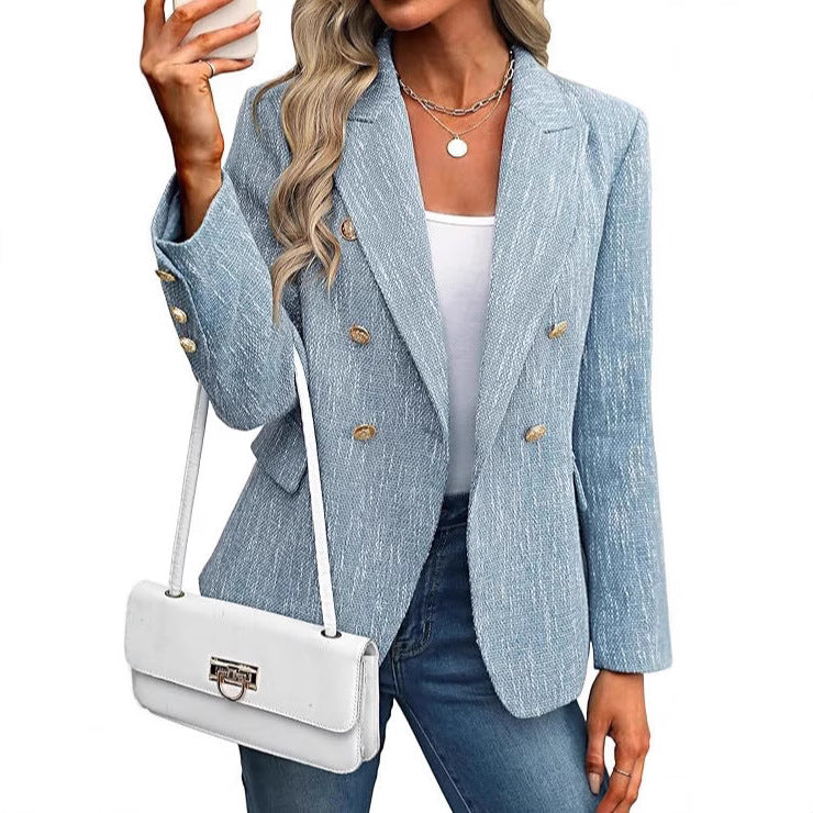 Textured Double Breasted Gold Button Open Front Blazer