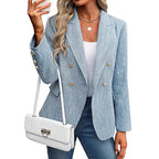Textured Double Breasted Gold Button Open Front Blazer