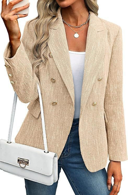 Textured Double Breasted Gold Button Open Front Blazer
