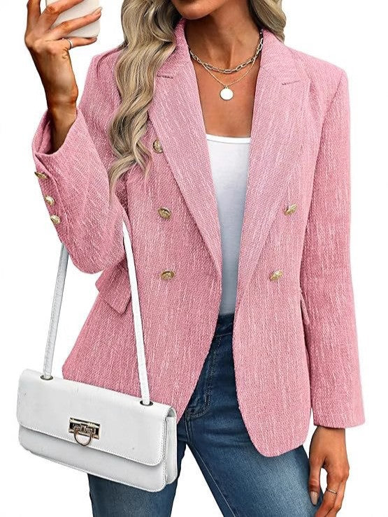 Textured Double Breasted Gold Button Open Front Blazer