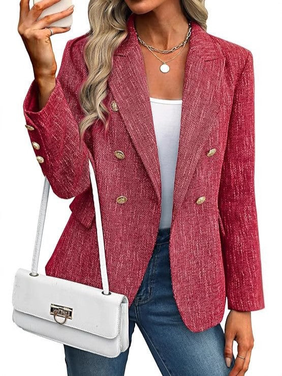 Textured Double Breasted Gold Button Open Front Blazer