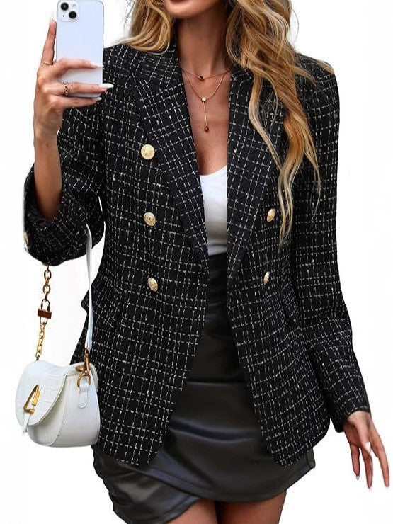 Textured Double Breasted Gold Button Open Front Blazer