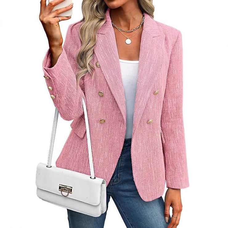 Textured Double Breasted Gold Button Open Front Blazer