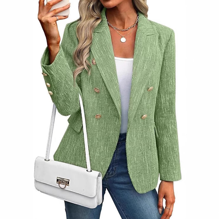 Textured Double Breasted Gold Button Open Front Blazer