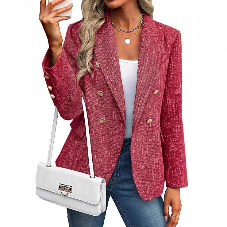 Textured Double Breasted Gold Button Open Front Blazer