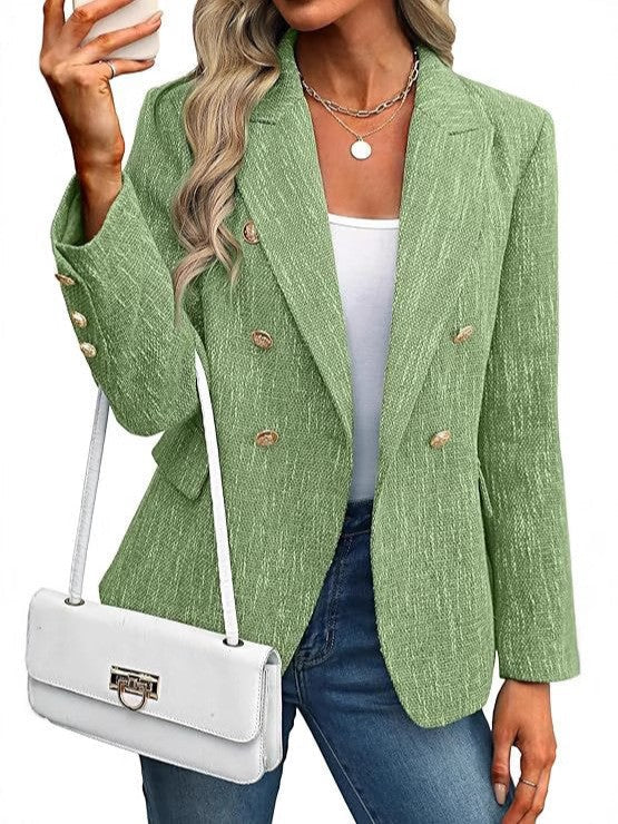 Textured Double Breasted Gold Button Open Front Blazer