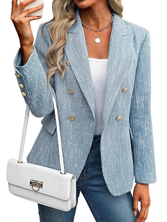 Textured Double Breasted Gold Button Open Front Blazer