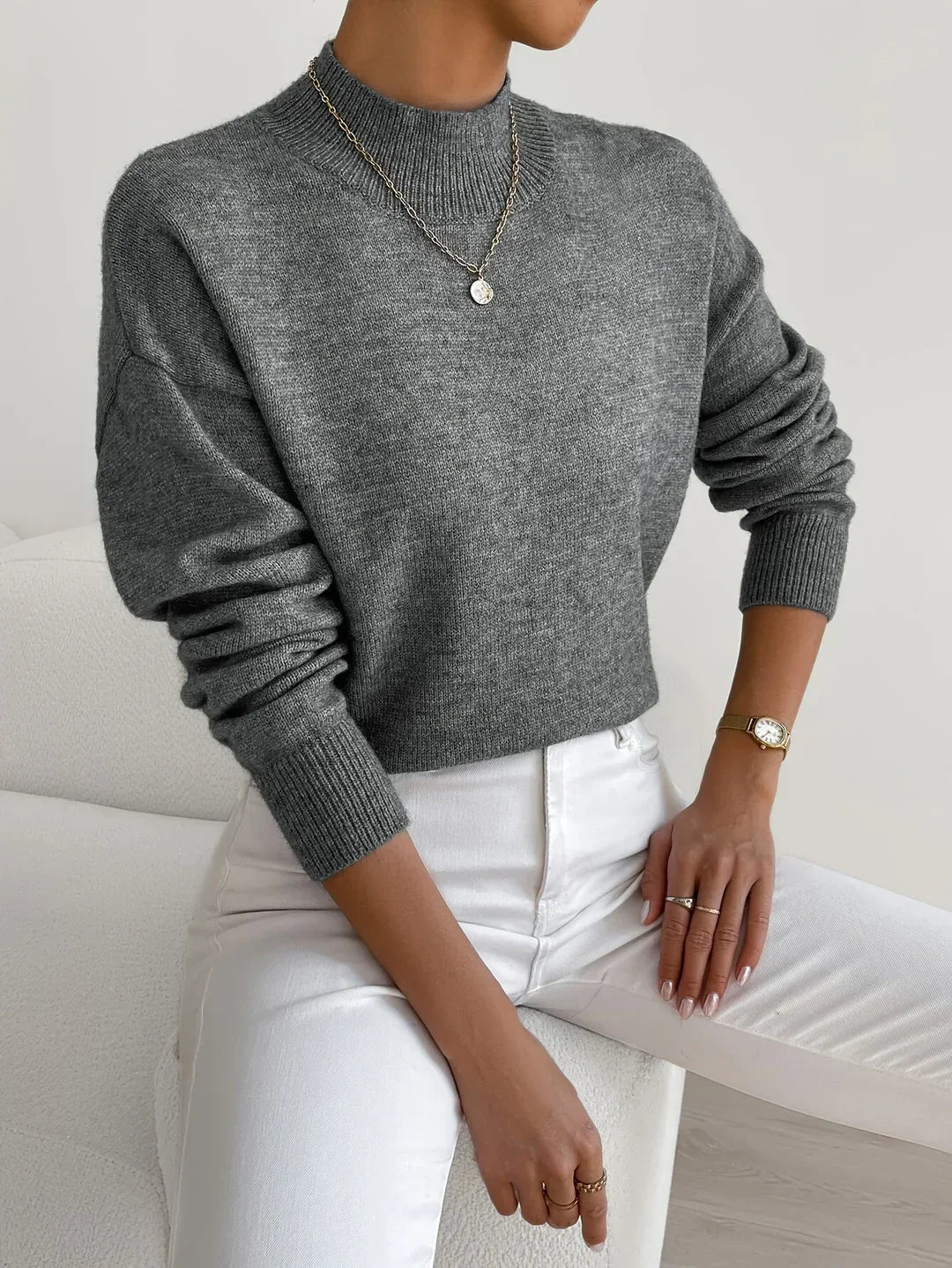 Mock Neck Drop Shoulder Ribbed Cuff Soft Knit Sweater