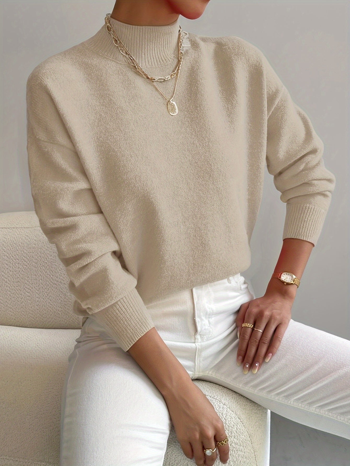 Mock Neck Drop Shoulder Ribbed Cuff Soft Knit Sweater