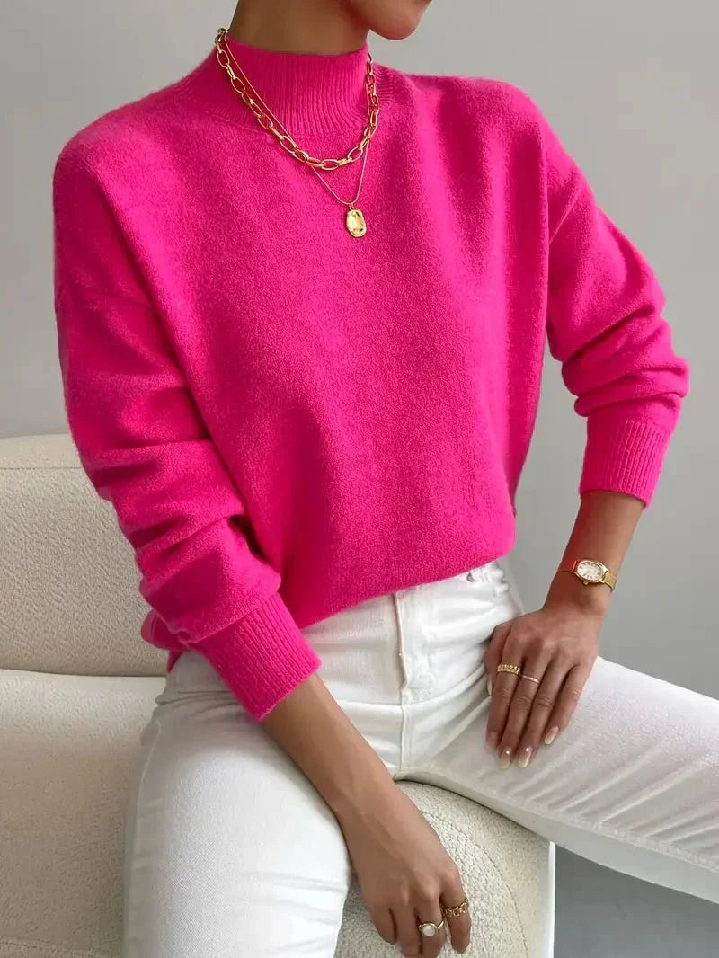 Mock Neck Drop Shoulder Ribbed Cuff Soft Knit Sweater