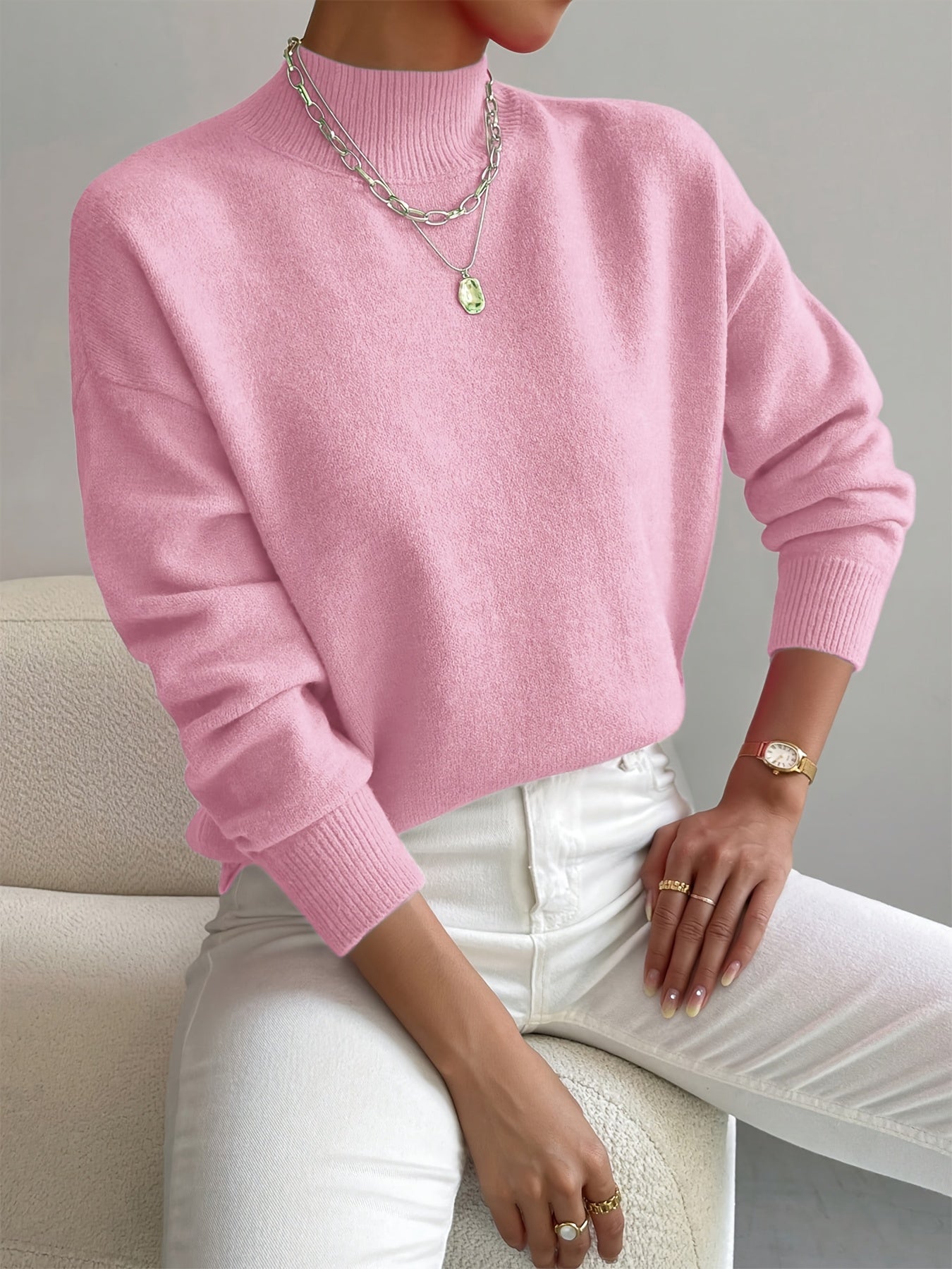 Mock Neck Drop Shoulder Ribbed Cuff Soft Knit Sweater