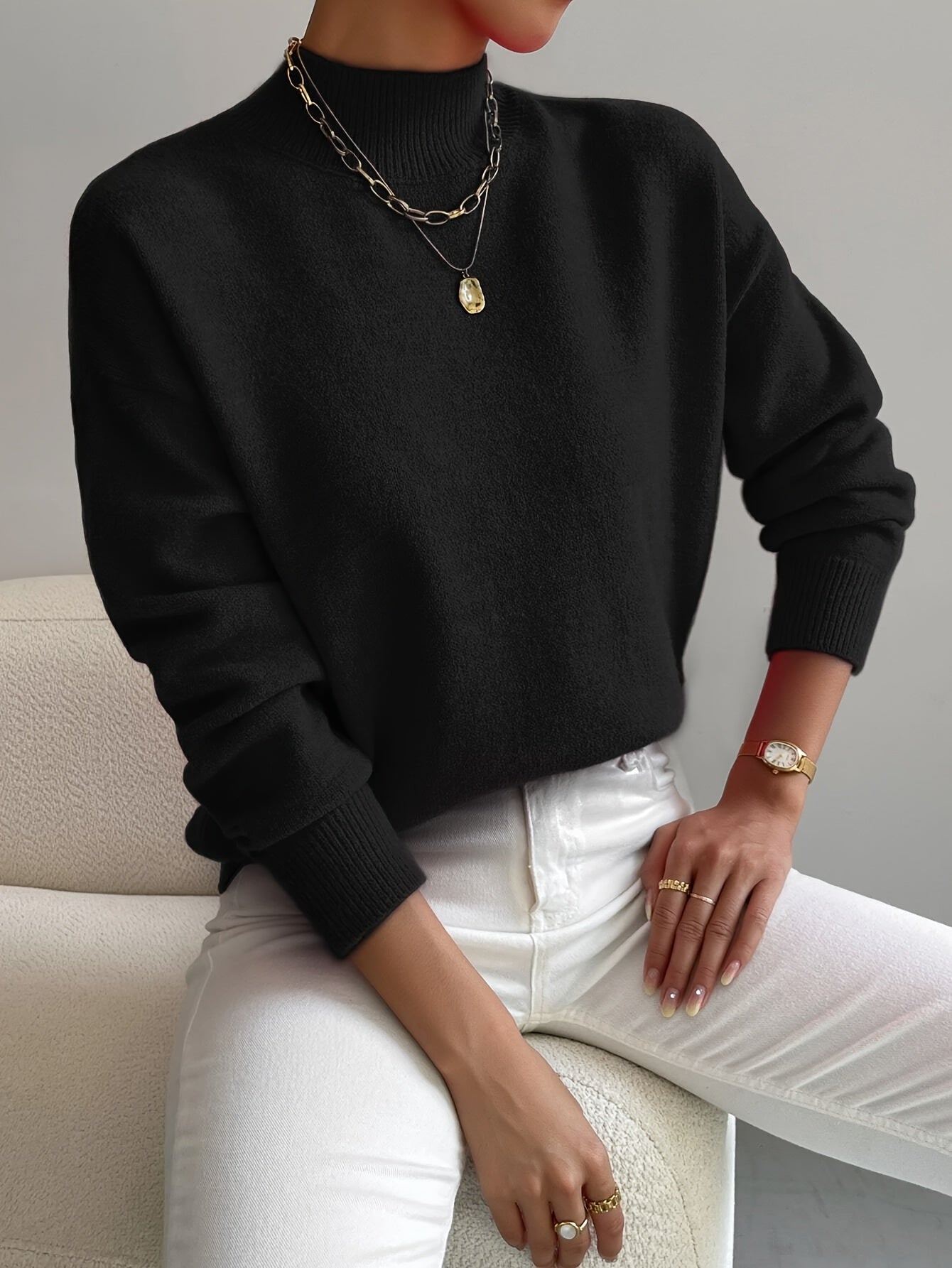 Mock Neck Drop Shoulder Ribbed Cuff Soft Knit Sweater