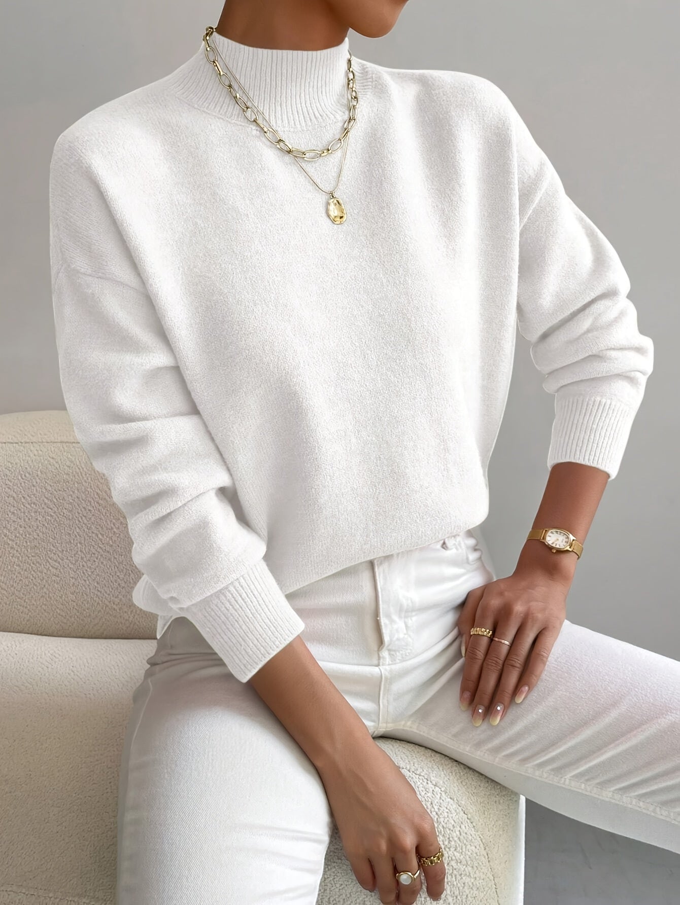 Mock Neck Drop Shoulder Ribbed Cuff Soft Knit Sweater