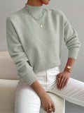 Mock Neck Drop Shoulder Ribbed Cuff Soft Knit Sweater