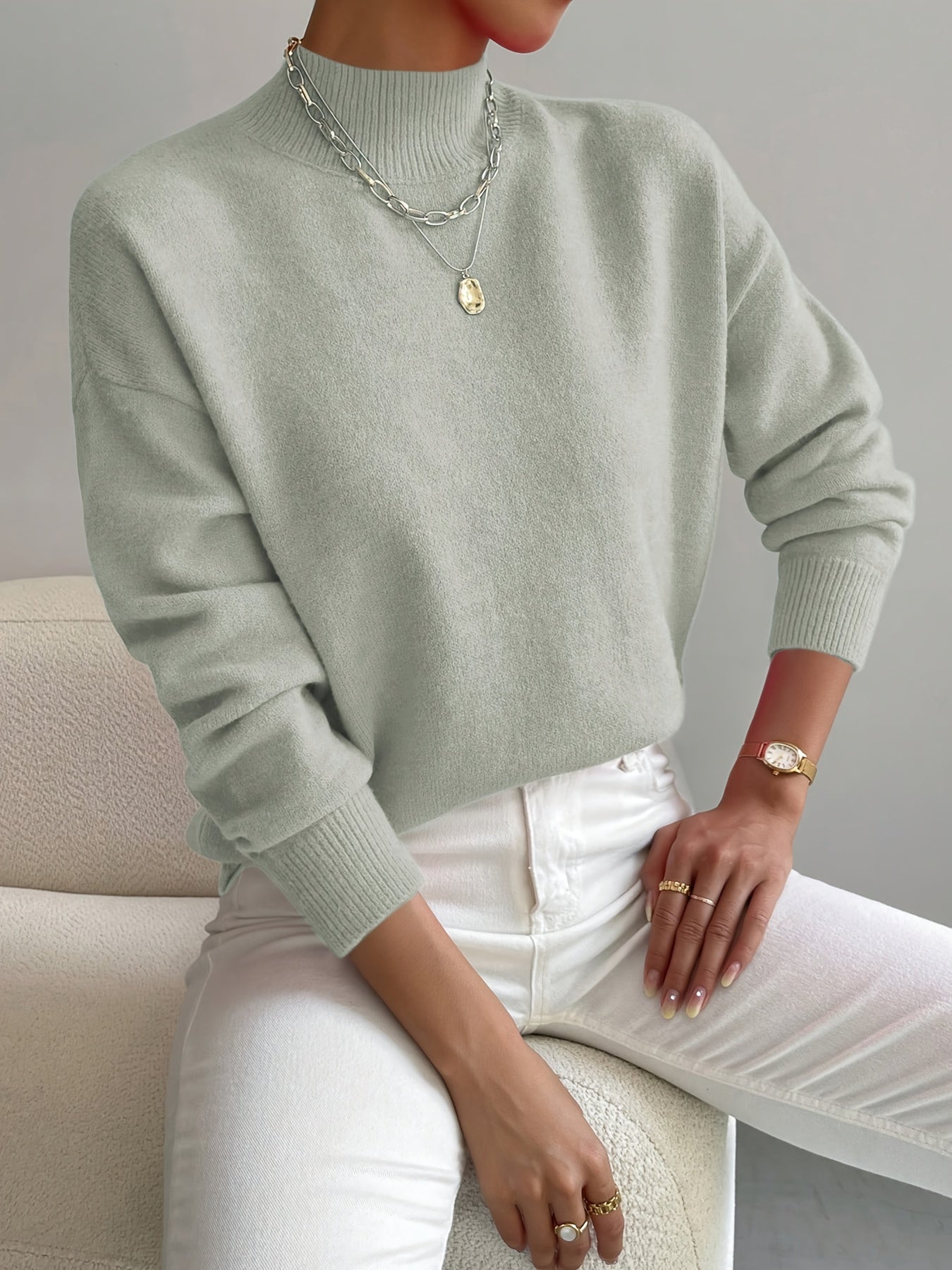 Mock Neck Drop Shoulder Ribbed Cuff Soft Knit Sweater