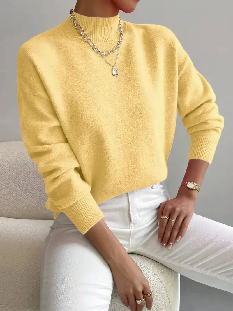 Mock Neck Drop Shoulder Ribbed Cuff Soft Knit Sweater