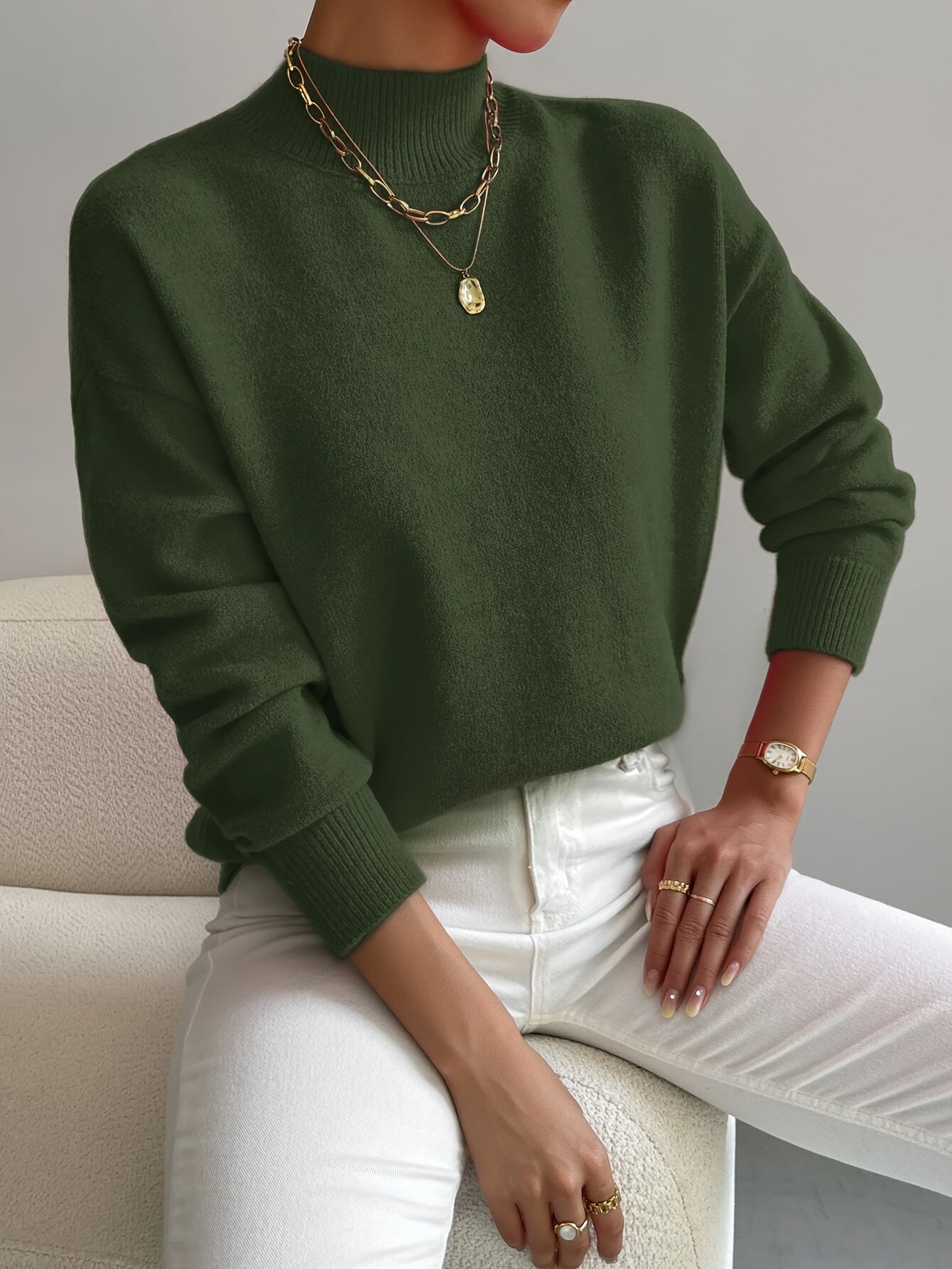 Mock Neck Drop Shoulder Ribbed Cuff Soft Knit Sweater