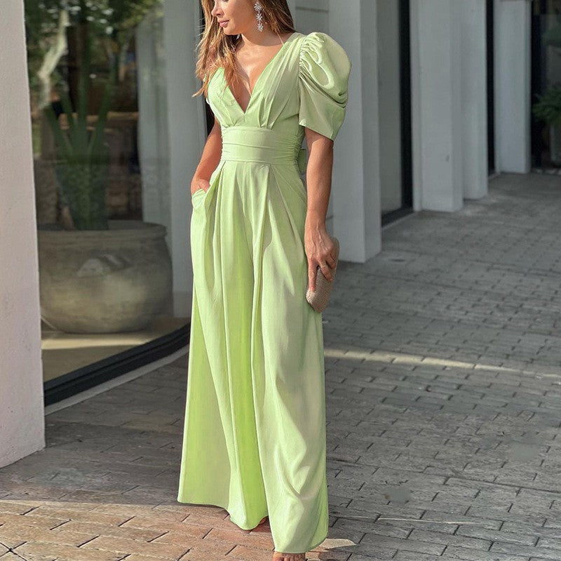 Puff Sleeve V Neck Ruched Waist Wide Leg Formal Jumpsuit