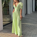 Puff Sleeve V Neck Ruched Waist Wide Leg Formal Jumpsuit - Wedding Guest