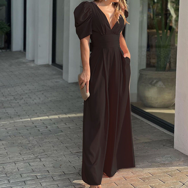 Puff Sleeve V Neck Ruched Waist Wide Leg Formal Jumpsuit - Wedding Guest