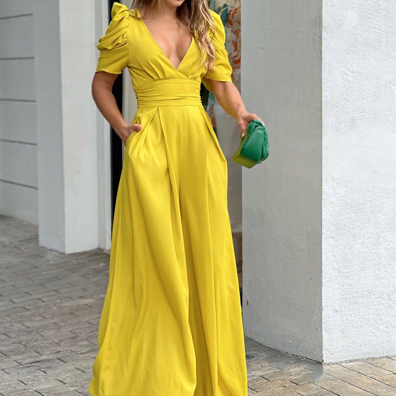 Puff Sleeve V Neck Ruched Waist Wide Leg Formal Jumpsuit - Wedding Guest