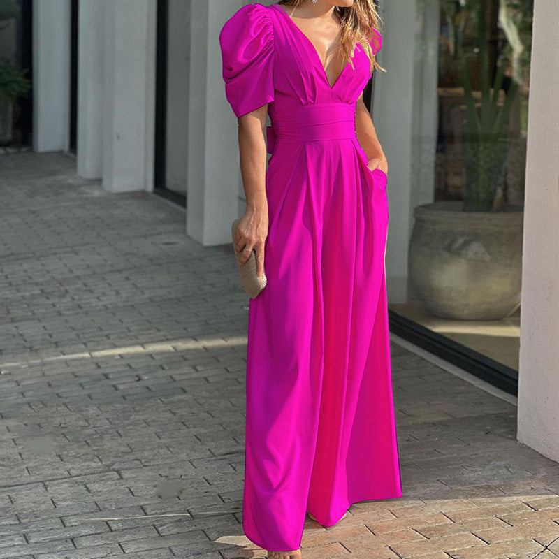 Puff Sleeve V Neck Ruched Waist Wide Leg Formal Jumpsuit
