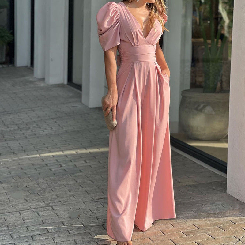 Puff Sleeve V Neck Ruched Waist Wide Leg Formal Jumpsuit