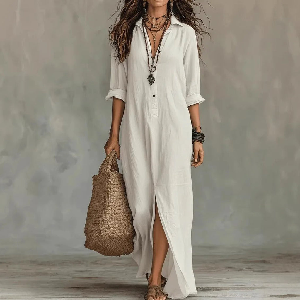 Collar Neck Half Button 3/4 Sleeve Side Split Casual Linen Maxi Dress