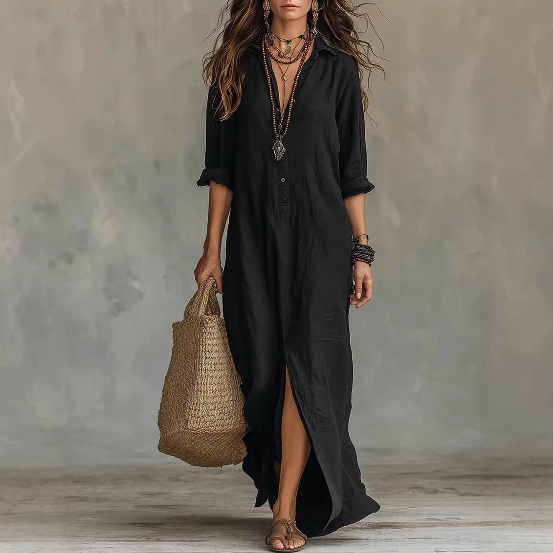 Collar Neck Half Button 3/4 Sleeve Side Split Casual Linen Maxi Dress