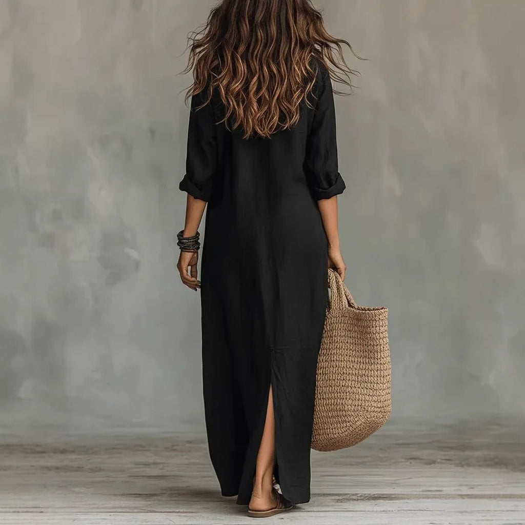 Collar Neck Half Button 3/4 Sleeve Side Split Casual Linen Maxi Dress