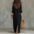 Collar Neck Half Button 3/4 Sleeve Side Split Casual Linen Maxi Dress