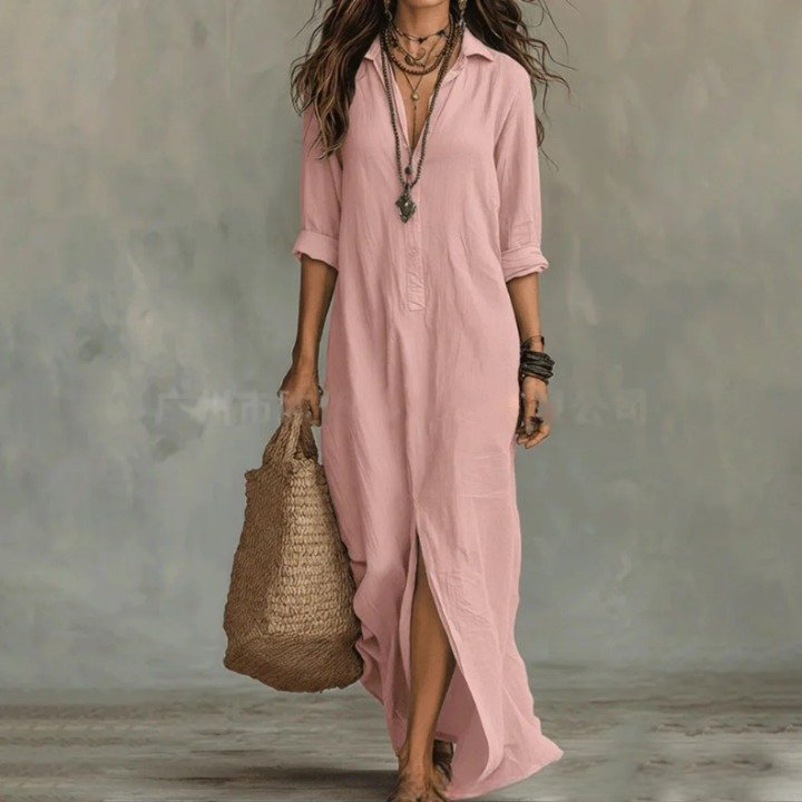 Collar Neck Half Button 3/4 Sleeve Side Split Casual Linen Maxi Dress
