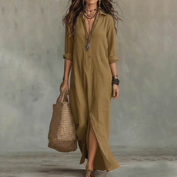 Collar Neck Half Button 3/4 Sleeve Side Split Casual Linen Maxi Dress