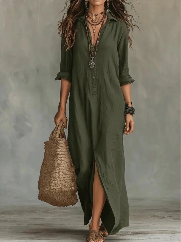 Collar Neck Half Button 3/4 Sleeve Side Split Casual Linen Maxi Dress