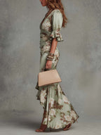 Floral Ruched Waist Frill Sleeve Fishtail Maxi Dress - Wedding Guest