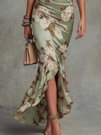 Floral Ruched Waist Frill Sleeve Fishtail Maxi Dress - Wedding Guest