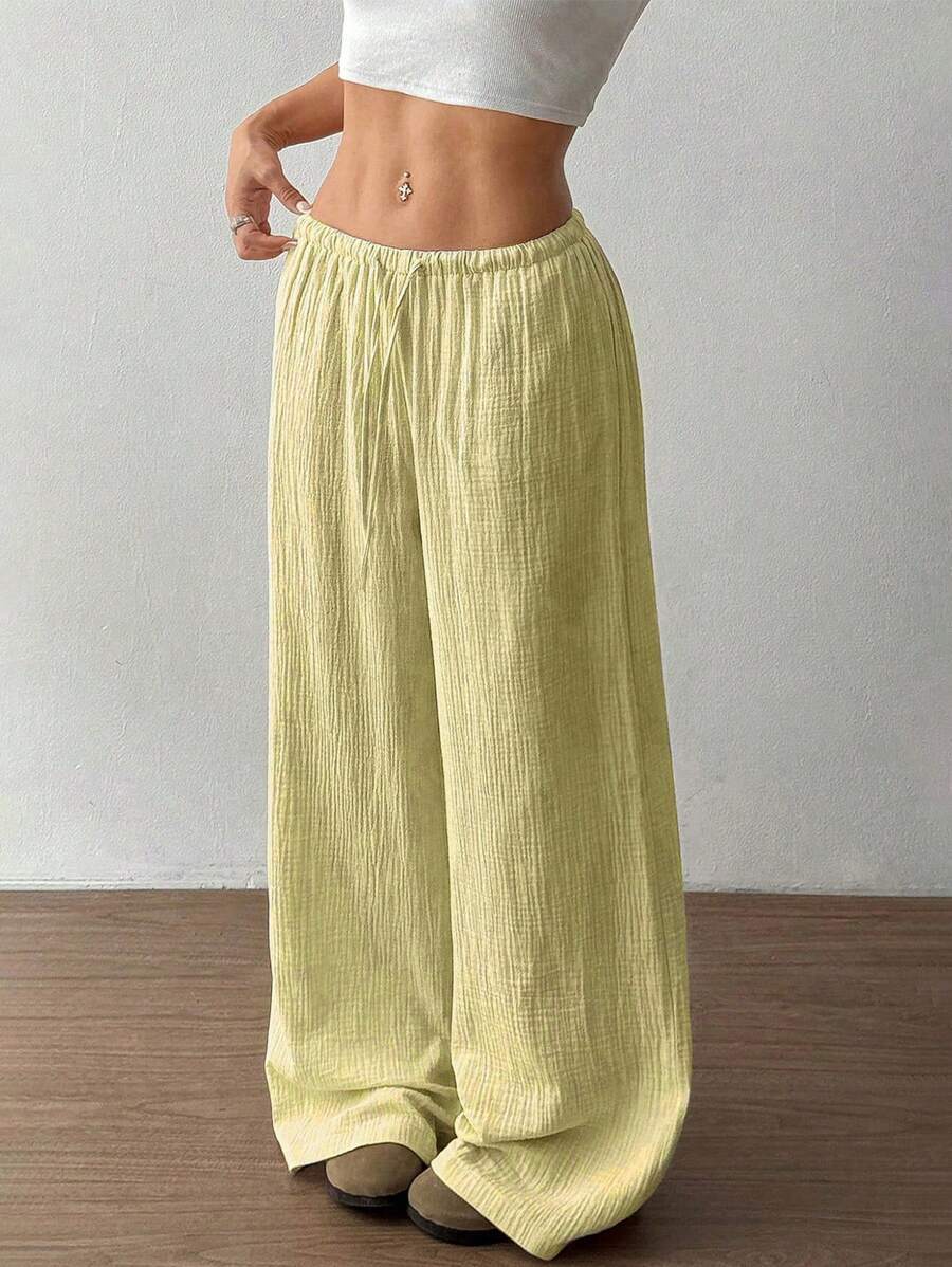Crinkle Texture Drawstring Elasticated Waist Wide Leg Cotton Pant