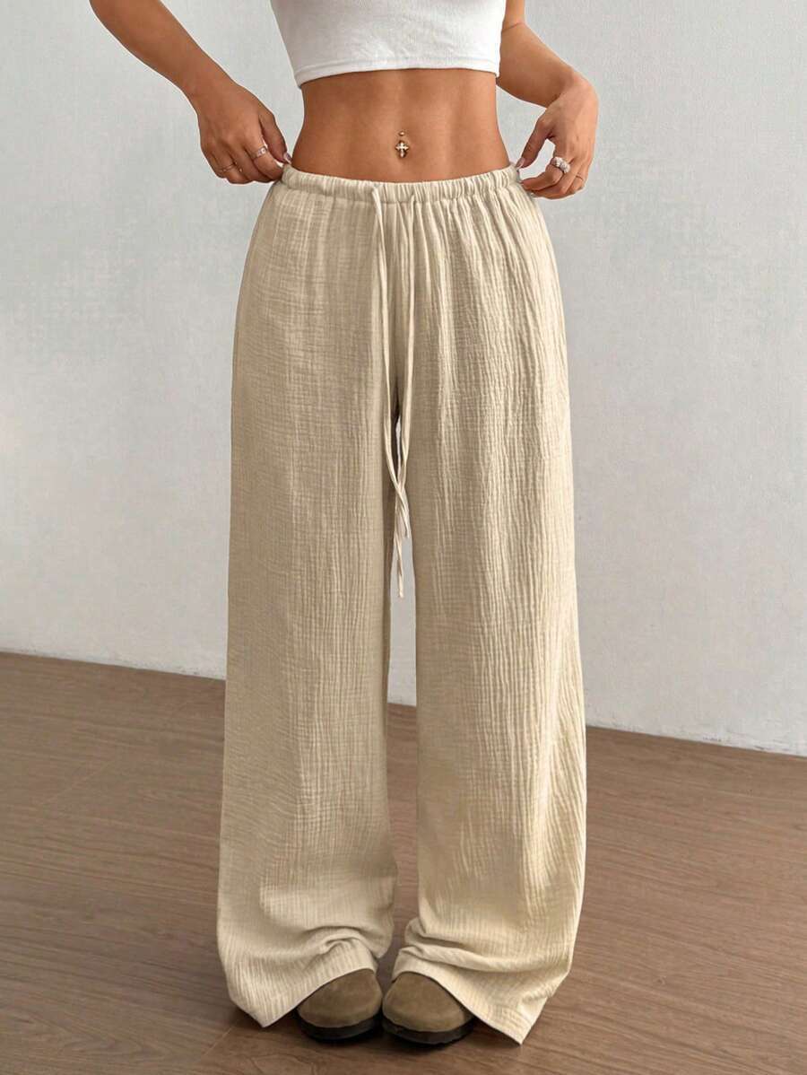 Crinkle Texture Drawstring Elasticated Waist Wide Leg Cotton Pant