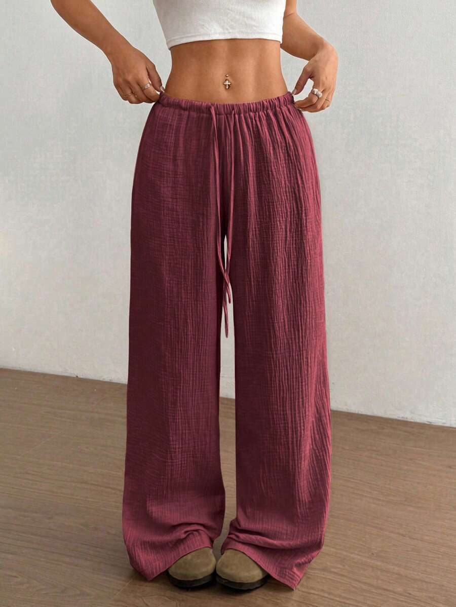 Crinkle Texture Drawstring Elasticated Waist Wide Leg Cotton Pant