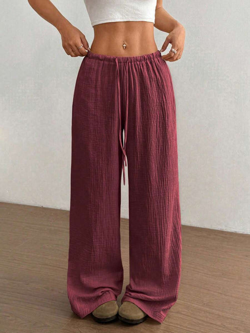 Crinkle Texture Drawstring Elasticated Waist Wide Leg Cotton Pant