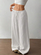 Crinkle Texture Drawstring Elasticated Waist Wide Leg Cotton Pant