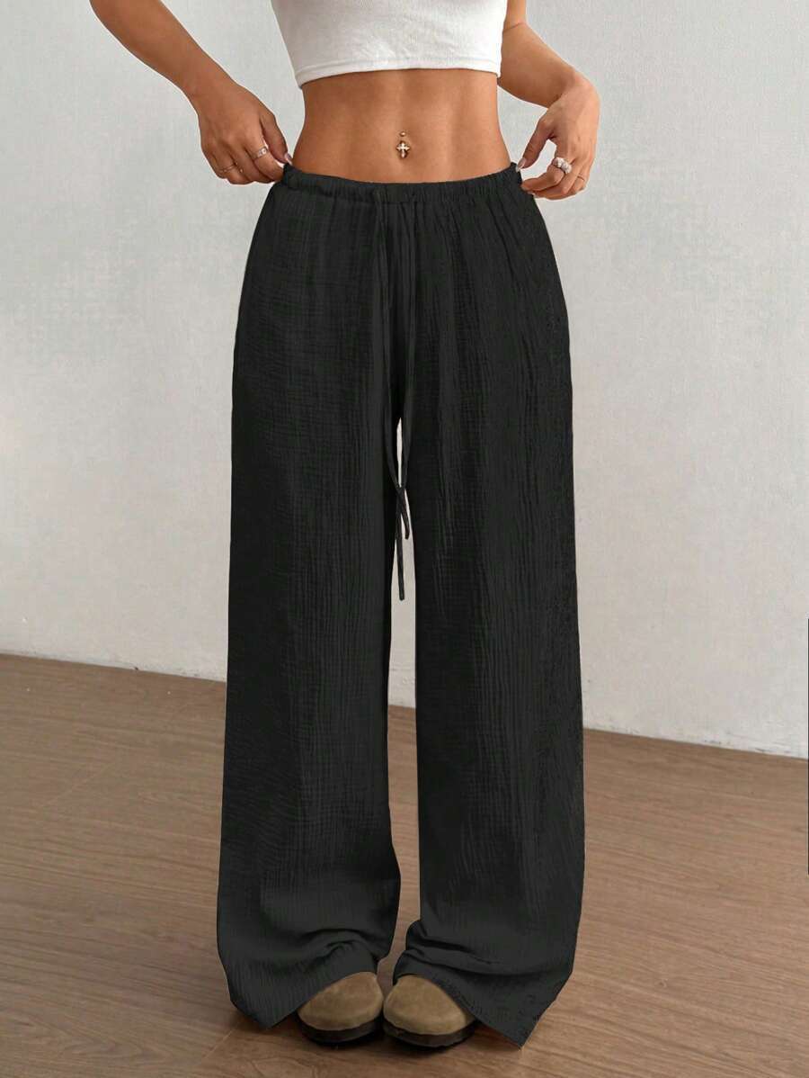 Crinkle Texture Drawstring Elasticated Waist Wide Leg Cotton Pant
