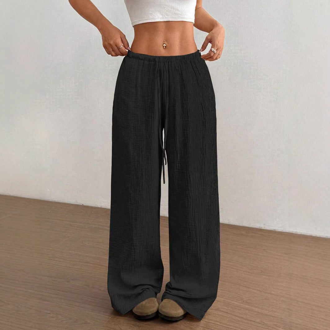 Crinkle Texture Drawstring Elasticated Waist Wide Leg Cotton Pant