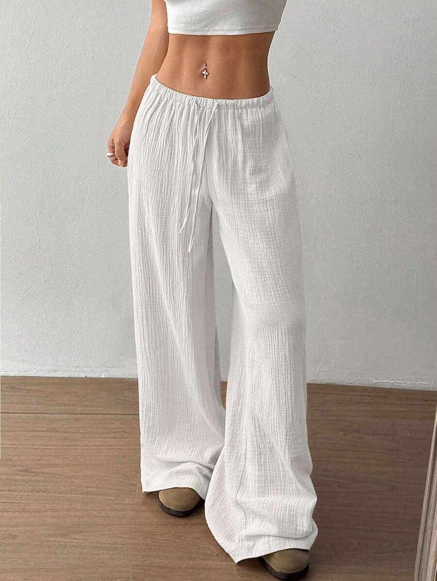 Crinkle Texture Drawstring Elasticated Waist Wide Leg Cotton Pant