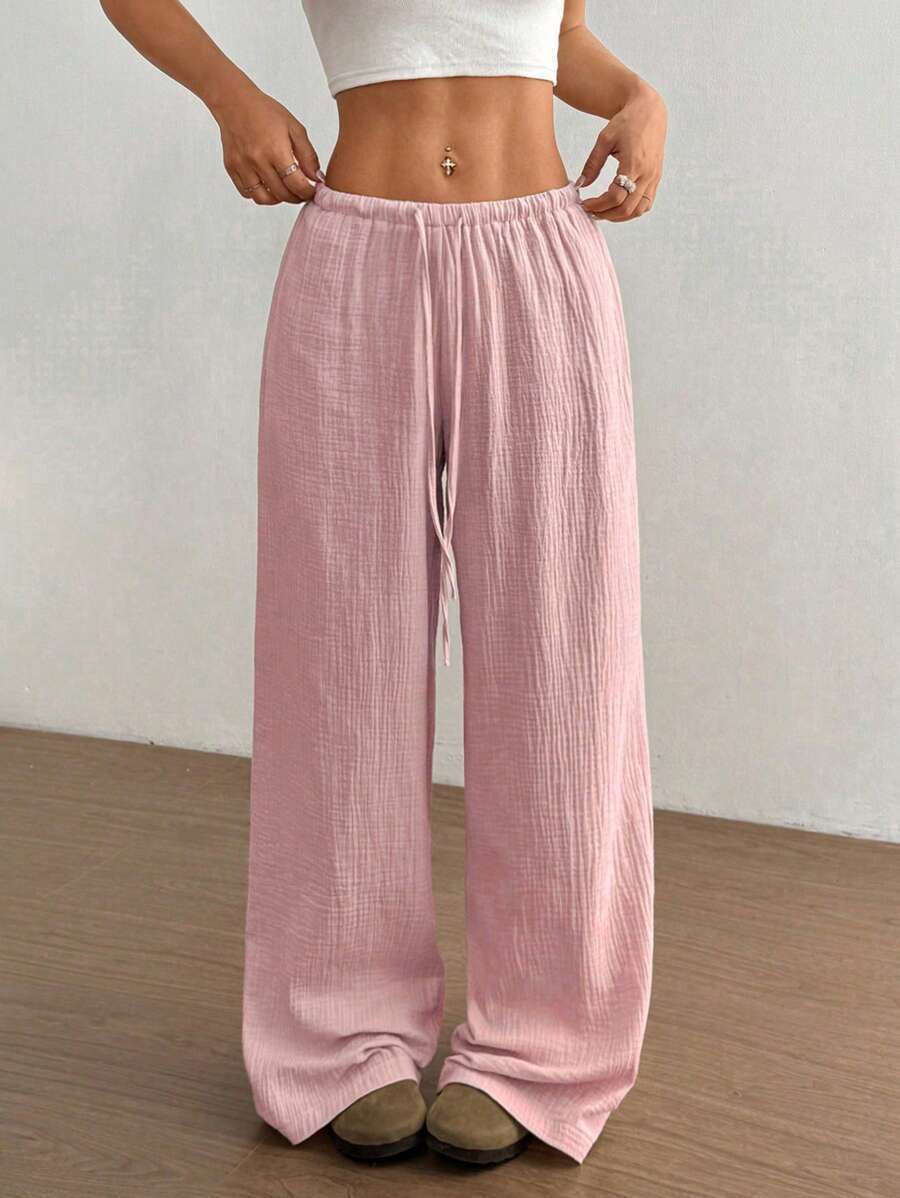 Crinkle Texture Drawstring Elasticated Waist Wide Leg Cotton Pant