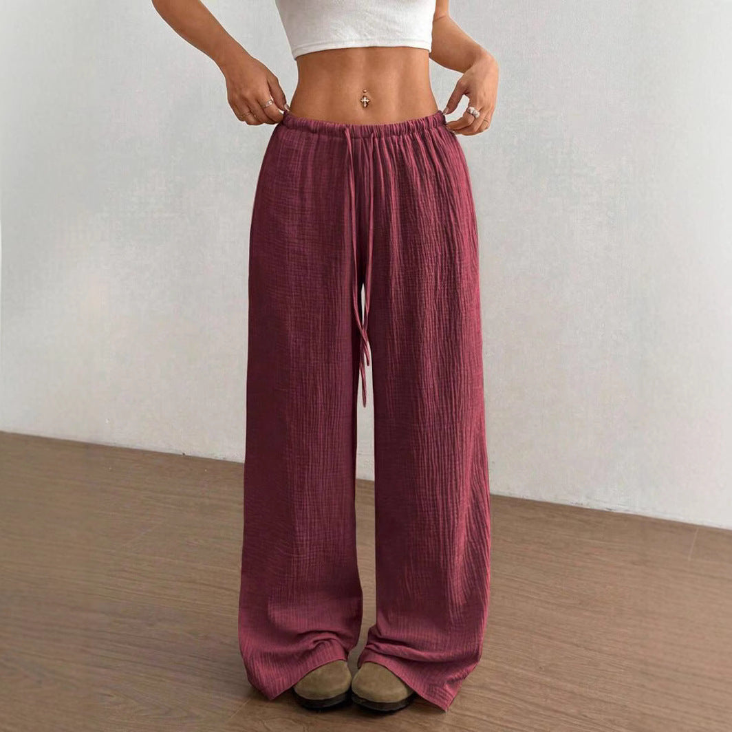 Crinkle Texture Drawstring Elasticated Waist Wide Leg Cotton Pant