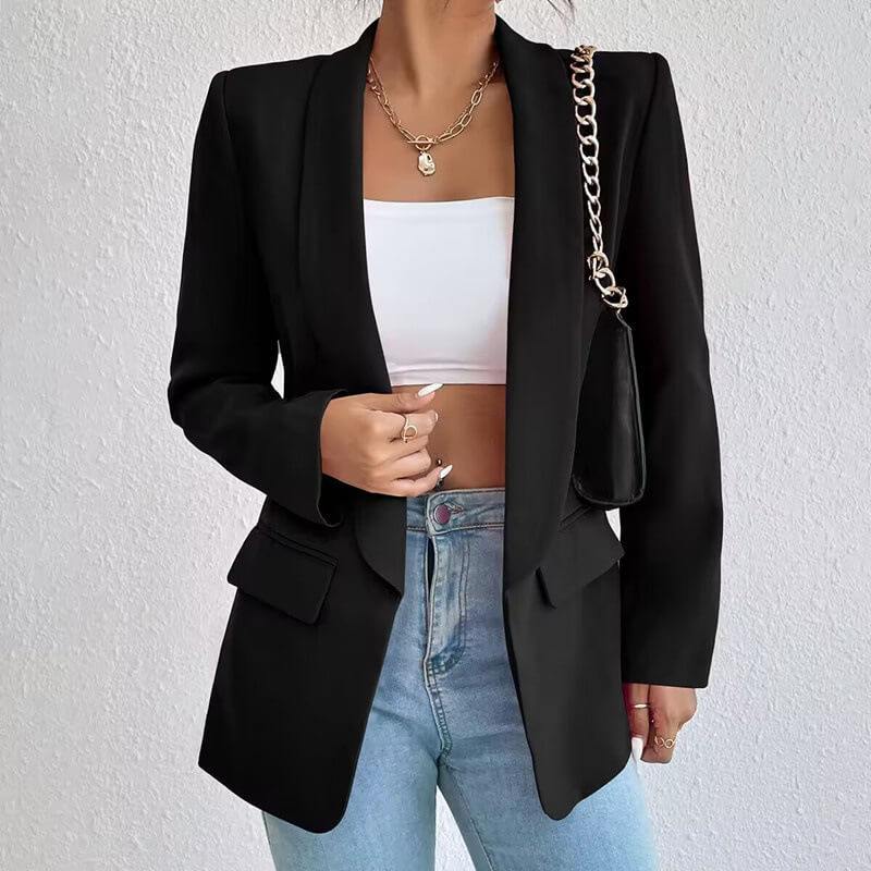 Shawl Collar Open Front Flap Pocket Longline Blazer