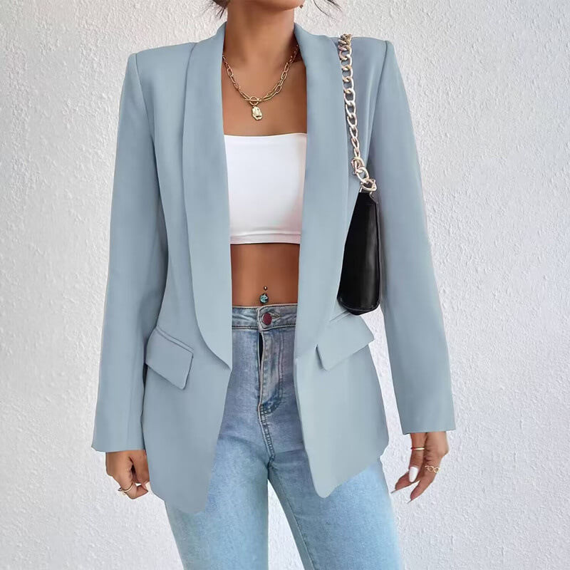 Shawl Collar Open Front Flap Pocket Longline Blazer