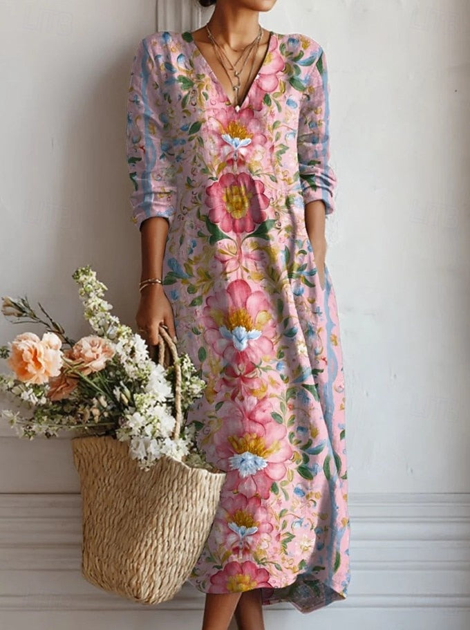 Floral Linen V-Neck Long Sleeve Casual Maxi Dress